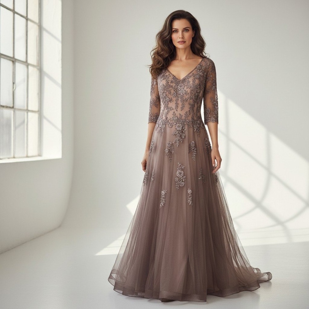 La Femme Mocha Brown Floral Lace Tulle Evening Gown V-Neck 3/4 Sleeve Size 6